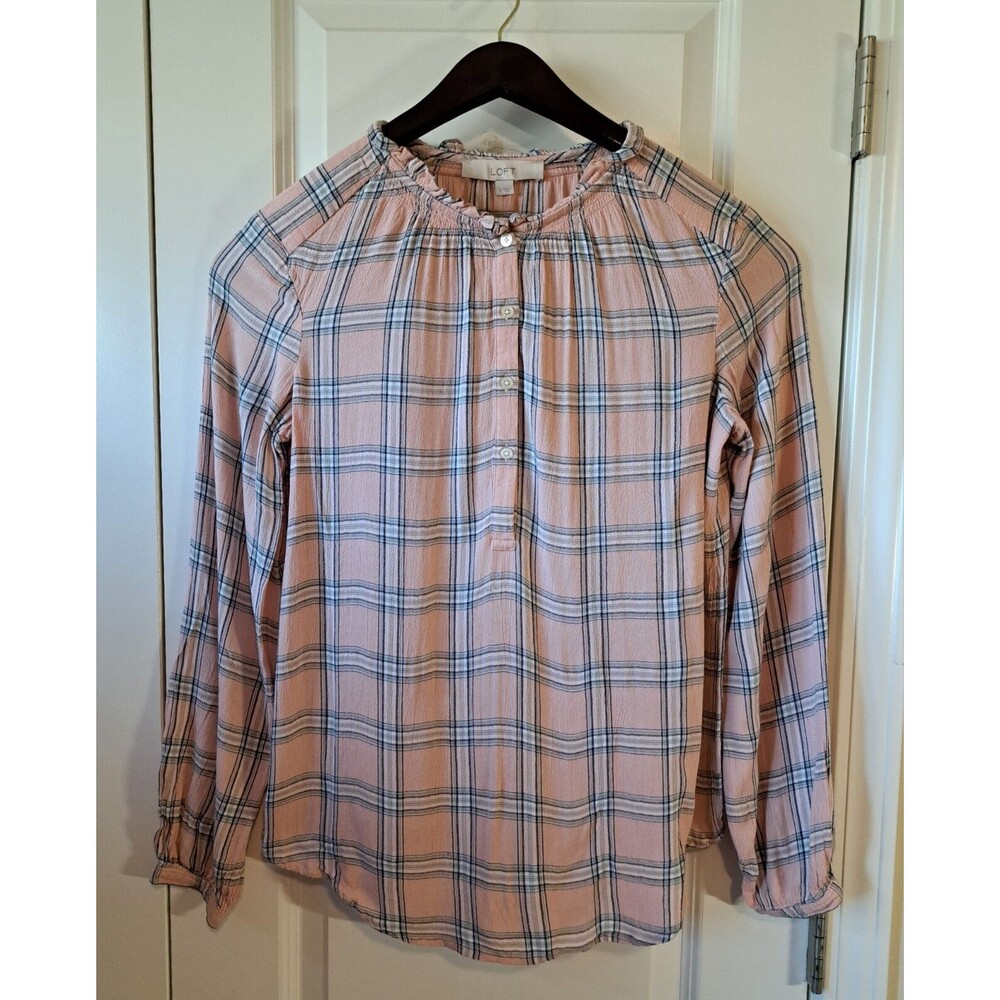 Loft Size S Blouse Pink Plaid Long Sleeve Buttons Ruffled Neck Peasant Cottage - Picture 2 of 6